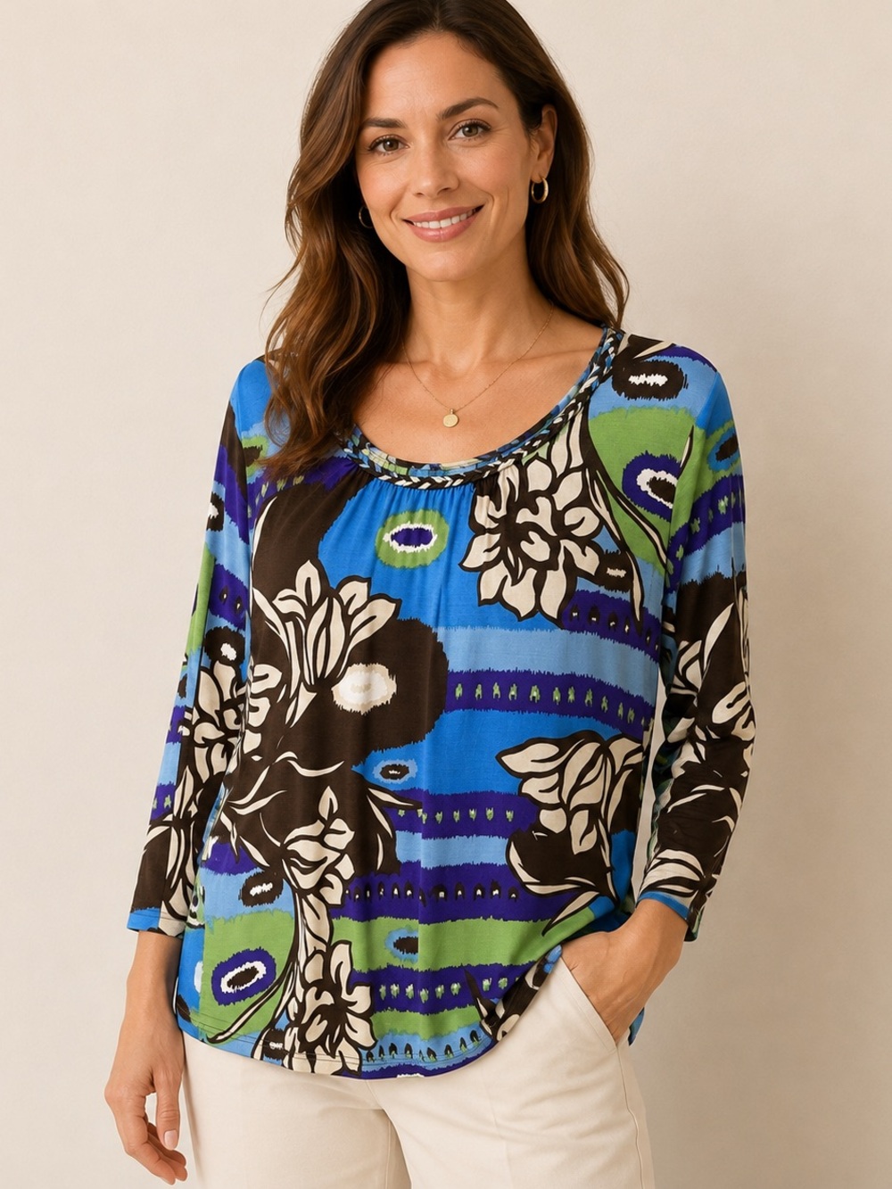 Escada Blue, Brown & Green Floral Short Sleeve Tunic
